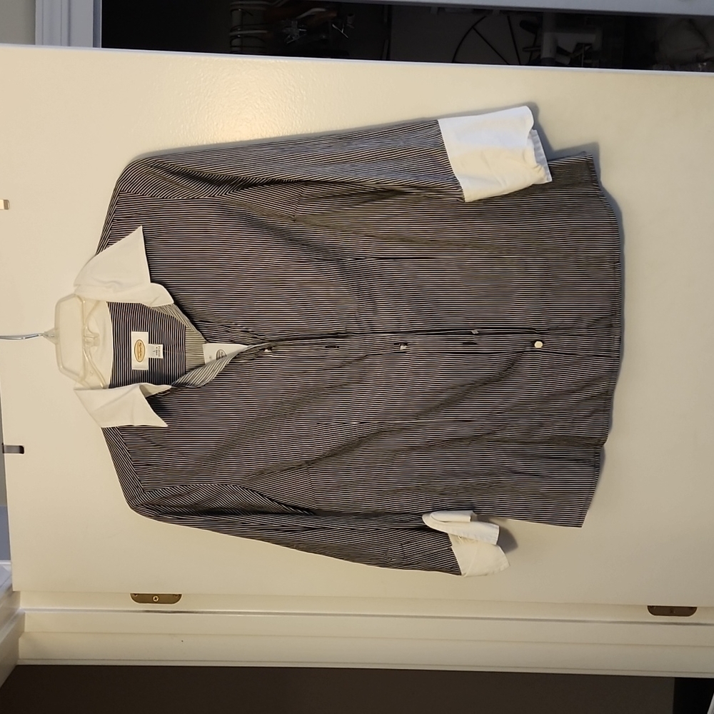 L, TALBOTS, 3/4 length sleeve, black & white stripe, collared, button up